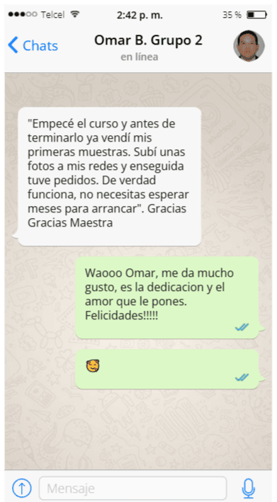 Captura de WhatsApp de Omar contando que vendió sus primeras muestras de sales de baño antes de terminar el curso