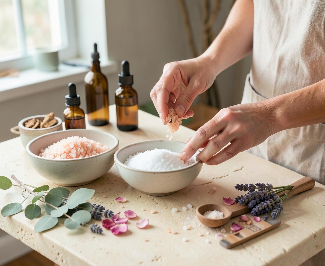 Preparación artesanal de sales de baño con aceites esenciales y botánica
