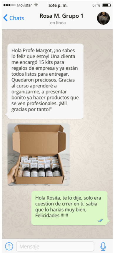 Captura de WhatsApp de Rosa mostrando sus kits de sales de baño profesionales listos para un pedido corporativo de regalo